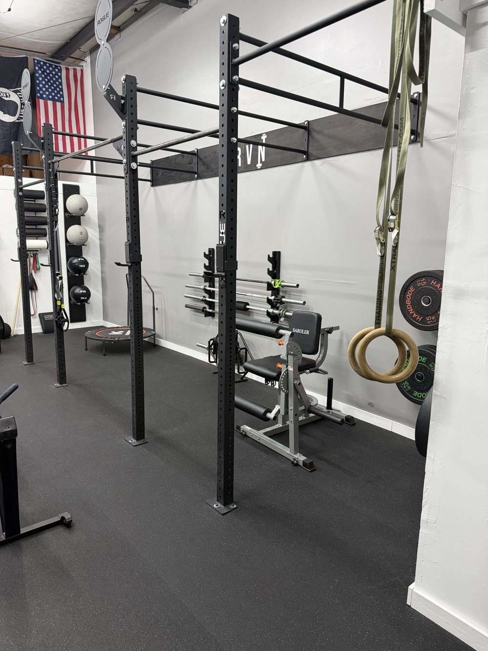 Open gym rig with pull-up bars and rings available for drop-ins at DRVN in Surfside Beach